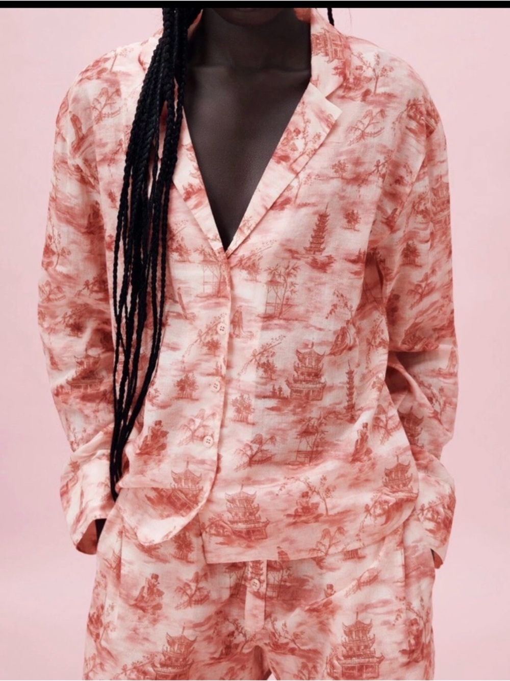 ZARA Red-Pink Scenic Print Button-Down PJ set